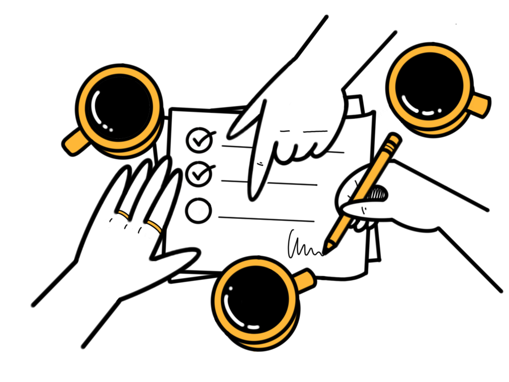 Drei H&auml;nde, die auf unterschiedliche Stellen auf ein Blattpapier zeigen. Daneben steht jeweils eine Tasse Kaffee