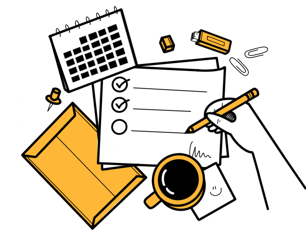 Hand, die auf einen Zettel schreibt. Um das Blatt herum liegen diverses B&uuml;rozubeh&ouml;r wie zum Beispiel B&uuml;roklammern, Briefumschl&auml;ge.